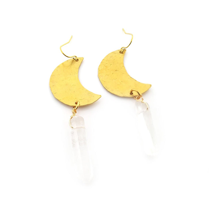 Gold Crescent Moon Crystal Earrings - Drop Earrings - Crystal Earrings