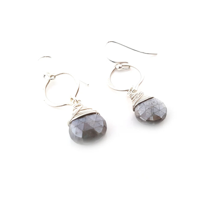 Grey Moonstone Gemstone Wire Wrapped Briolette Drop Earrings