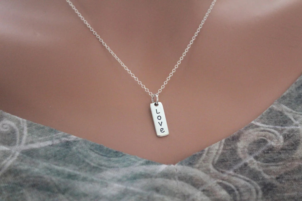 Sterling Silver Love Necklace – Vertical Word Charm on 16" Chain