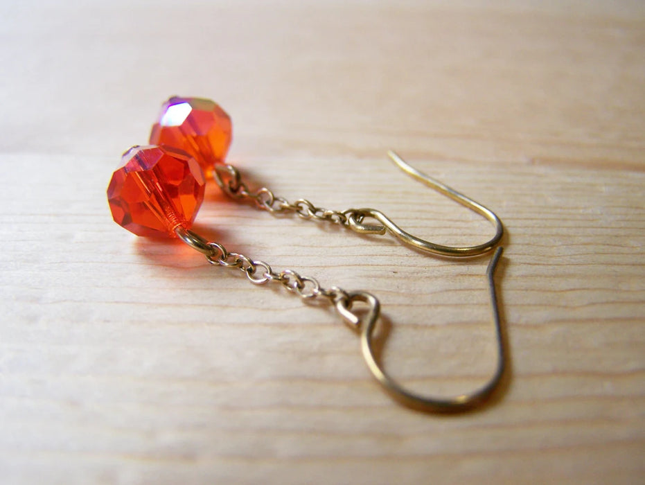 Dainty Red Swarovski Crystal Chain Dangle Gold Brass Earrings / Gift for Her