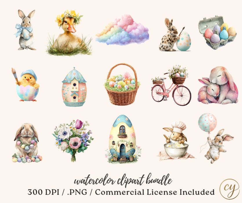 Enchanted Easter Watercolor Clip Art Bundle – 97 Pastel Spring PNG Graphics – Commercial Use Included