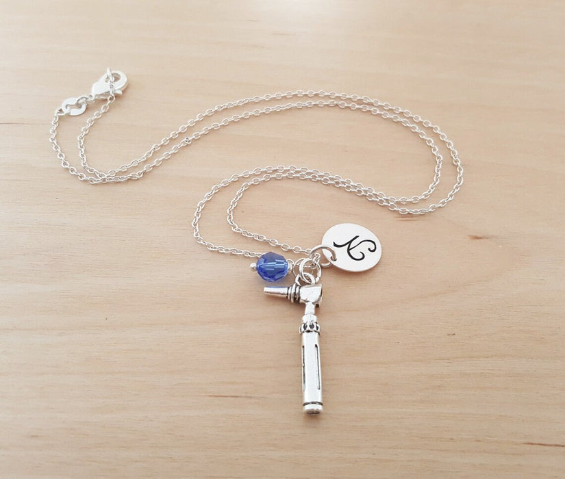 Otoscope Necklace – Sterling Silver with Birthstone & Initial Charm