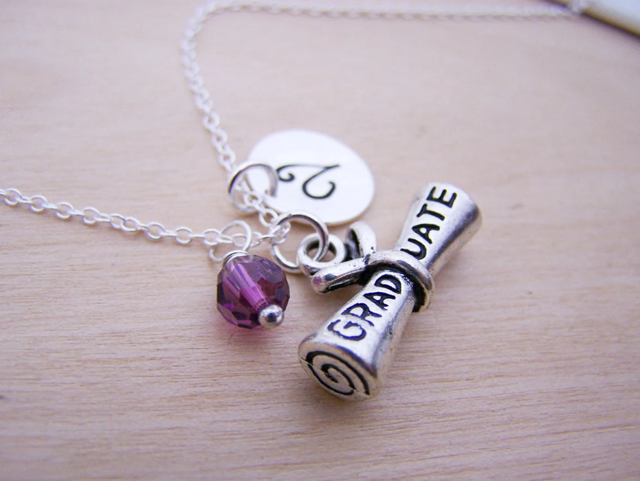 Graduation Diploma Necklace – Sterling Silver with Birthstone & Initial Charm