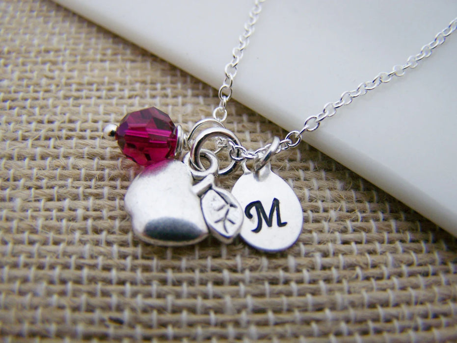 Personalized Apple Necklace – Sterling Silver Chain with Birthstone & Initial