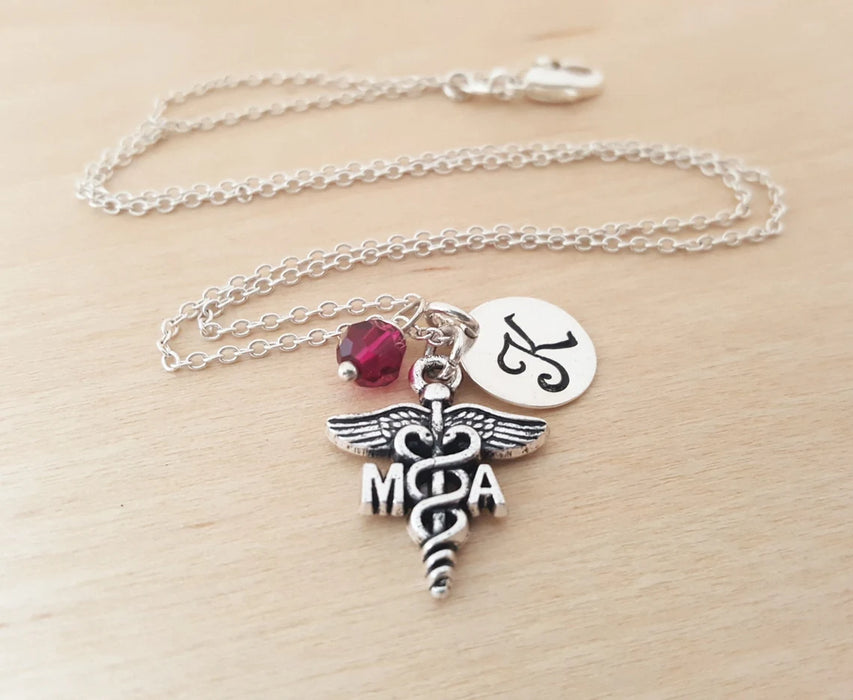 Medical Assistant Necklace – Sterling Silver with Birthstone & Initial Charm