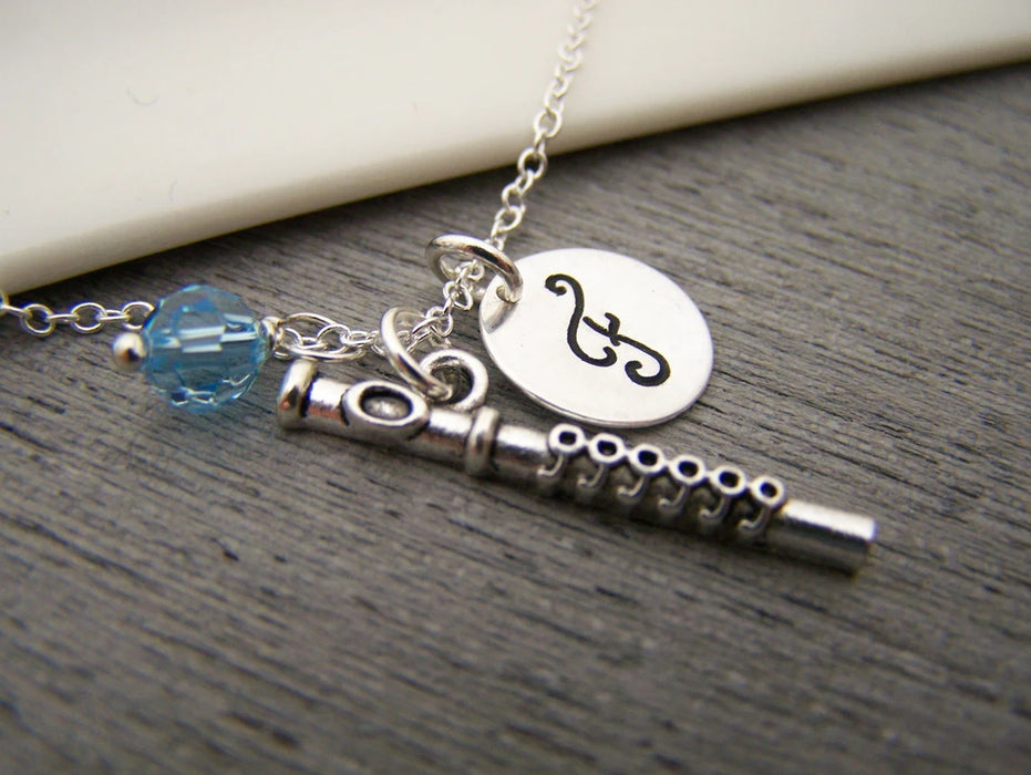Flute Necklace – Sterling Silver with Birthstone & Initial Charm