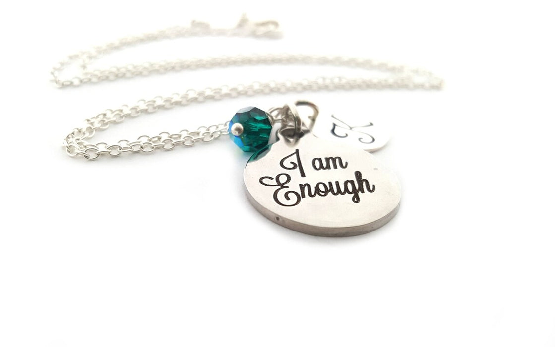 I Am Enough Necklace – Sterling Silver with Birthstone & Initial Charm