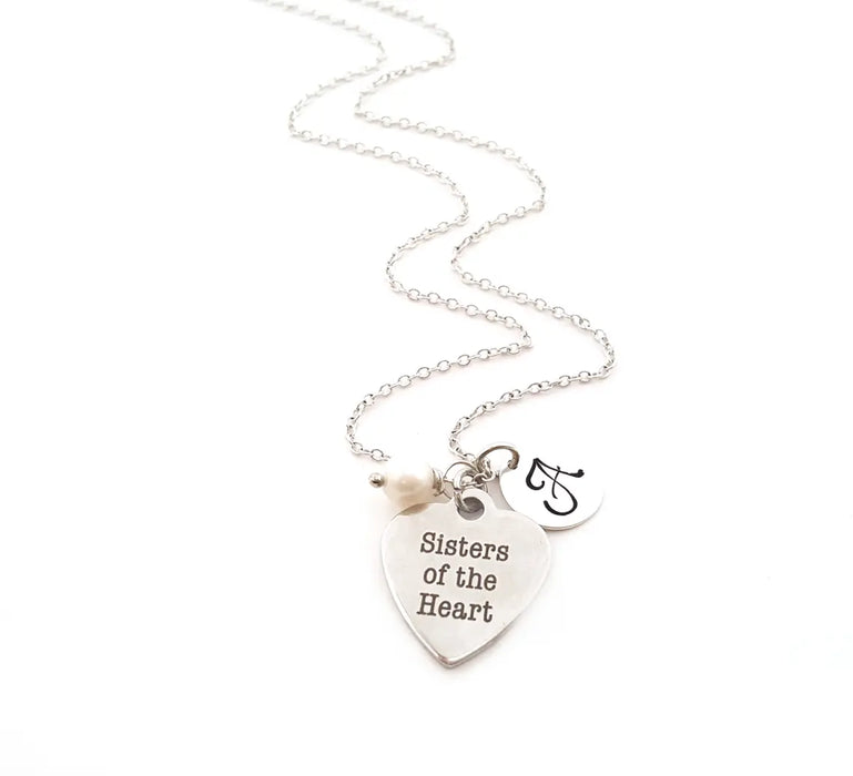 Sisters of the Heart Necklace – Stainless Steel Charm on Sterling Silver Chain with Birthstone & Initial