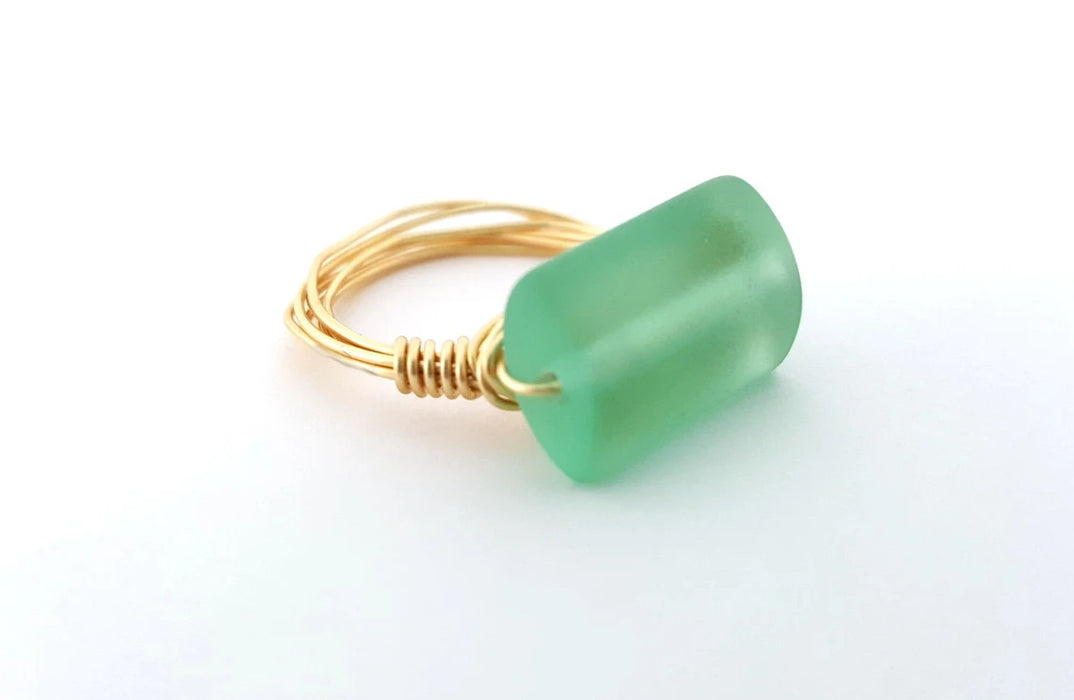 Aqua Sea Glass Ring - Gold Wire Wrapped Ring - Ring Size 6