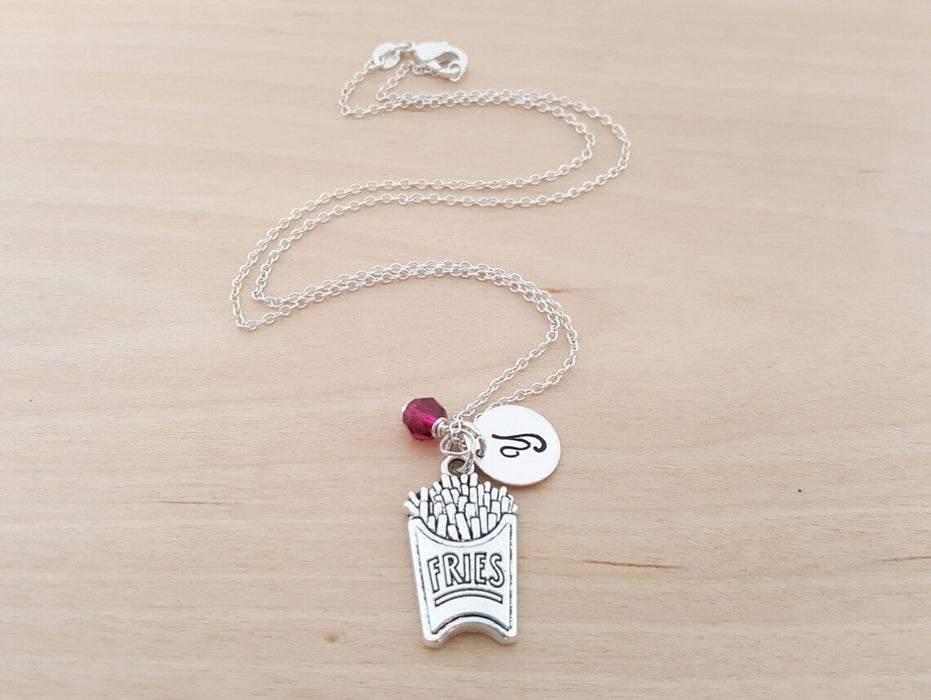 French Fries Necklace – Sterling Silver with Birthstone & Initial Charm