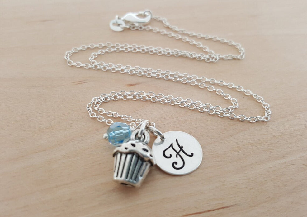 Cupcake Necklace – Sterling Silver with Birthstone & Initial Charm