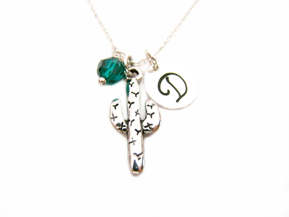 Cactus Necklace – Sterling Silver with Birthstone & Initial Charm