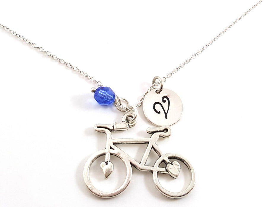 Personalized Bicycle Necklace – Sterling Silver Chain with Heart Charm, Birthstone & Initial