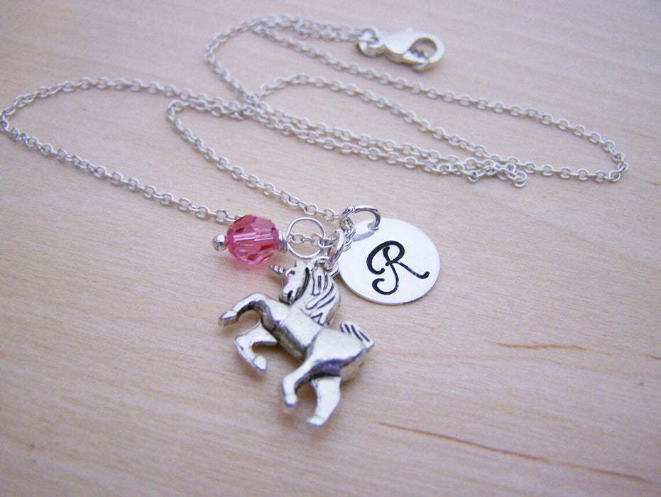 Unicorn Necklace – Sterling Silver with Birthstone & Initial Charm