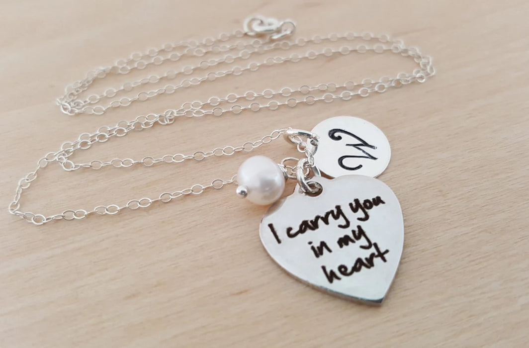 I Carry You in My Heart Necklace – Sterling Silver with Birthstone & Initial Charm