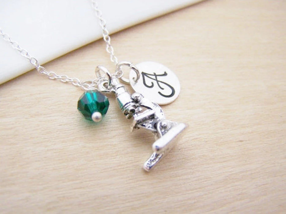 Personalized Microscope Necklace – Sterling Silver Chain with Birthstone & Initial