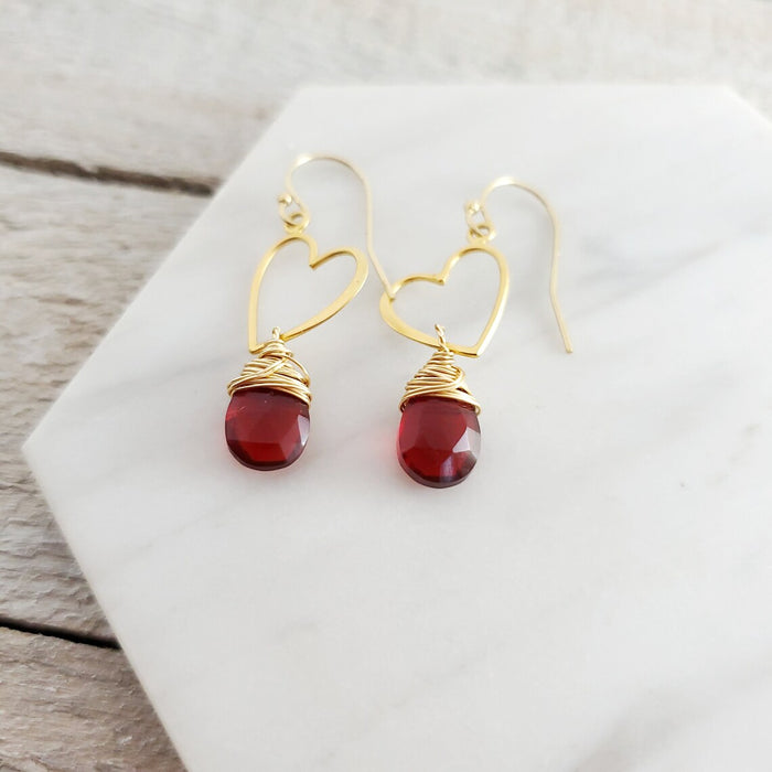 Sweetheart Garnet Drop Earrings - Red and Gold Heart Dainty 14k Gold Filled Earrings