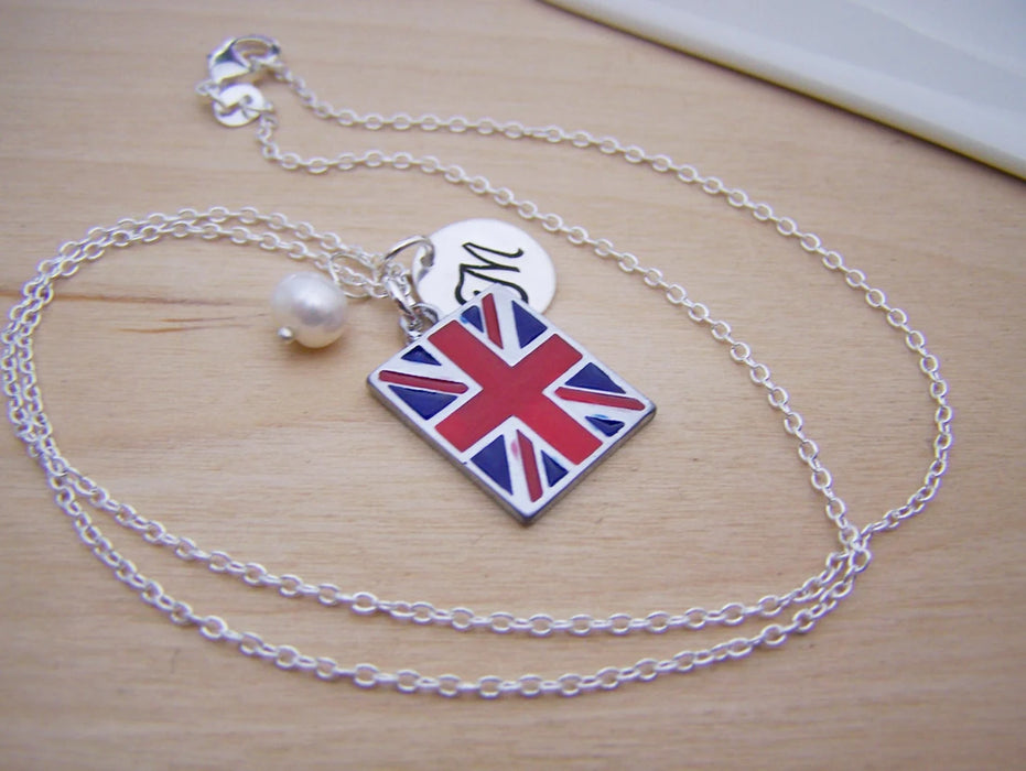 Union Jack Necklace – Sterling Silver with Birthstone & Initial Charm