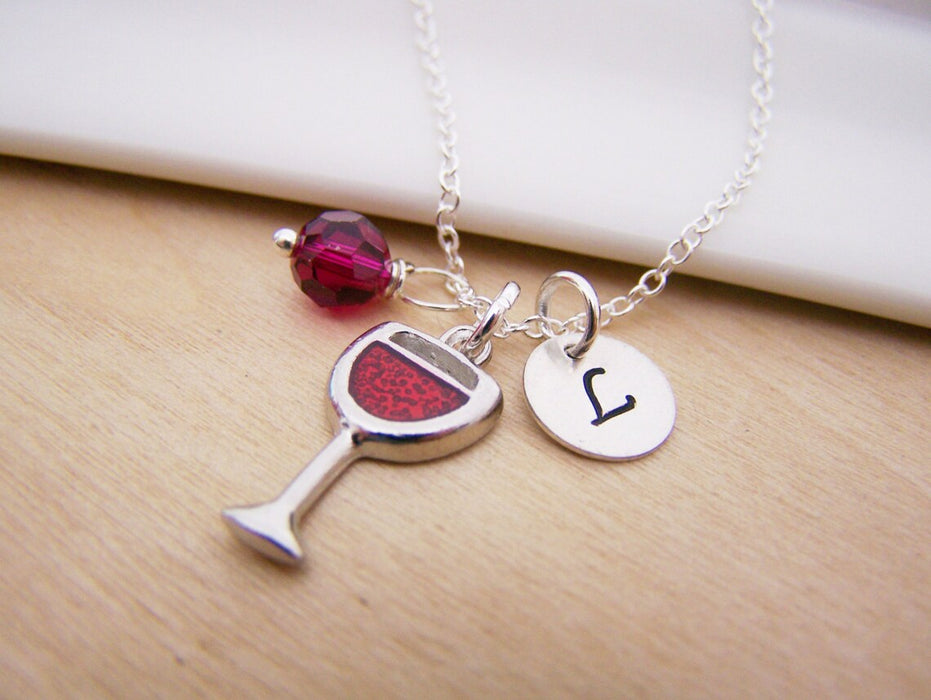 Glass of Wine Necklace – Sterling Silver with Birthstone & Initial Charm