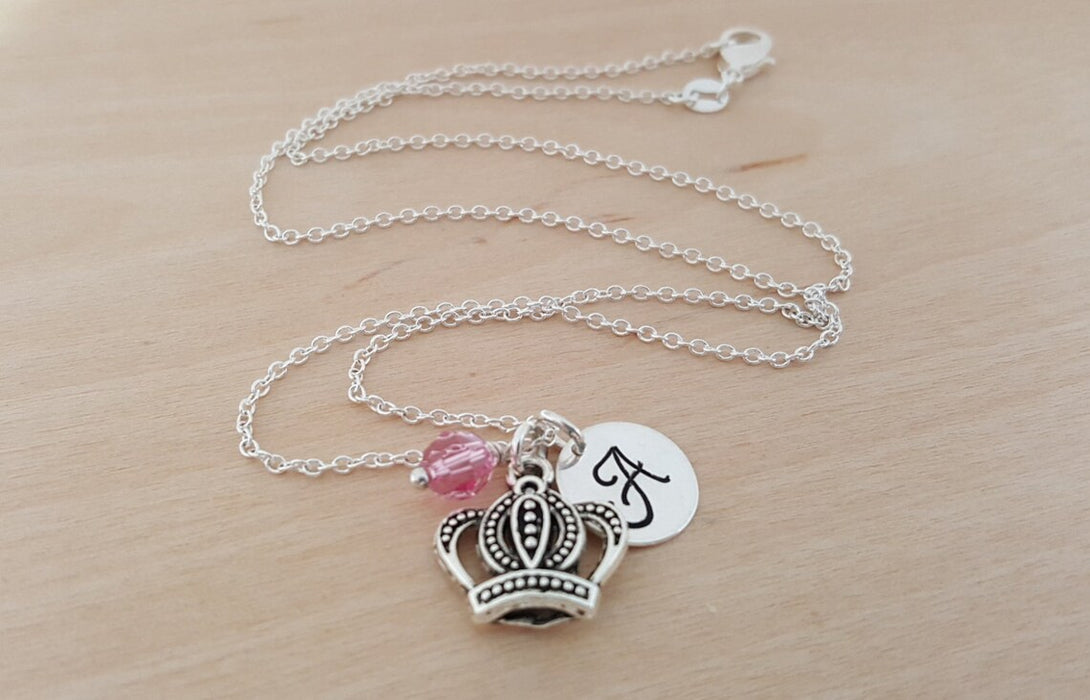 Crown Necklace – Sterling Silver with Birthstone & Initial Charm