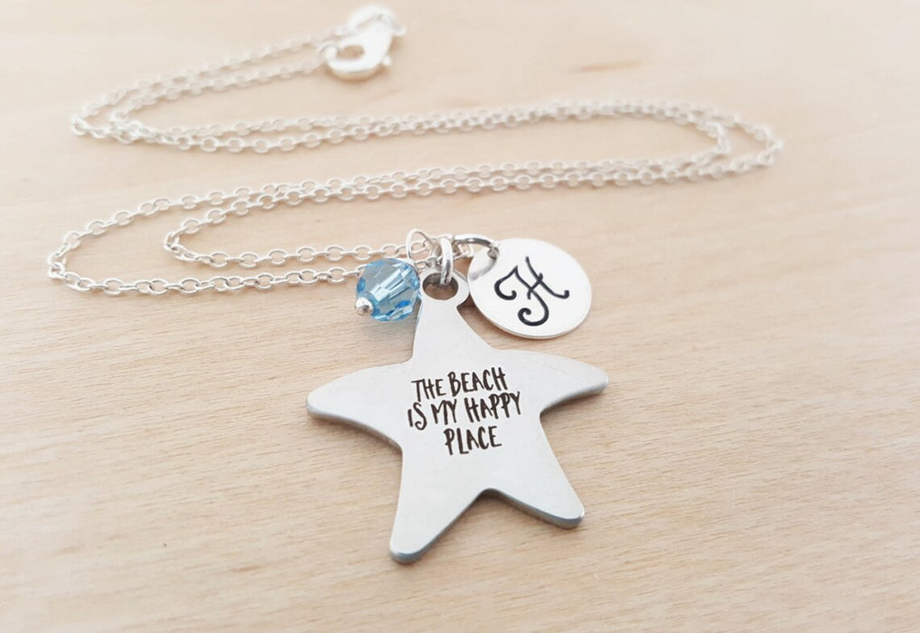 The Beach Is My Happy Place Necklace – Sterling Silver with Birthstone & Initial – Personalized Beach Jewelry