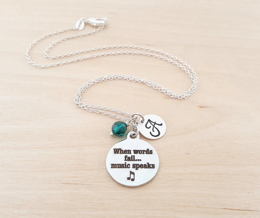 When Words Fail Music Speaks Necklace – Sterling Silver with Birthstone & Initial Charm