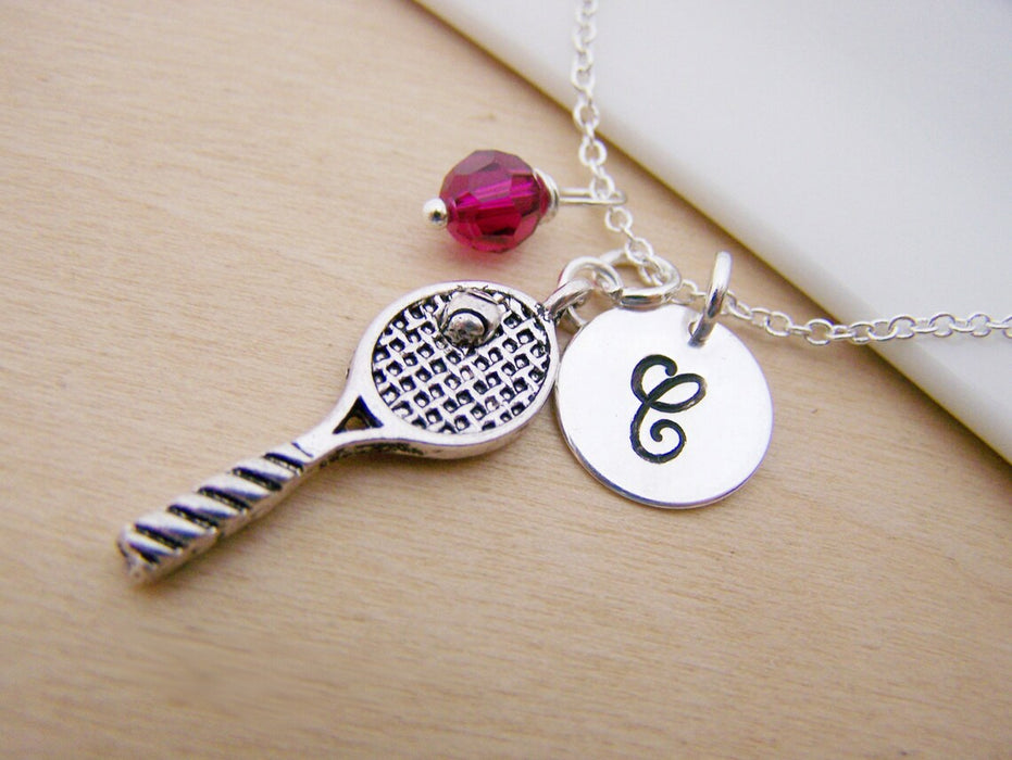 Tennis Racquet Necklace – Sterling Silver with Birthstone & Initial Charm