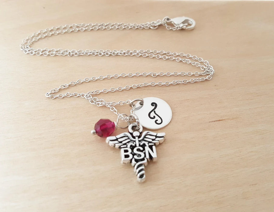 Personalized BSN Nurse Necklace – Sterling Silver Chain with Birthstone & Initial