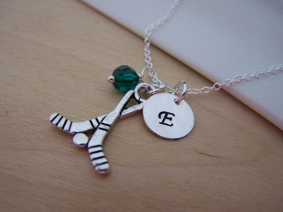Hockey Stick Necklace – Sterling Silver with Birthstone & Initial Charm