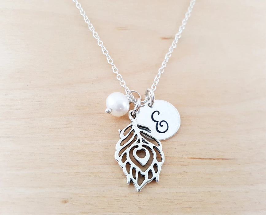 Peacock Feather Necklace – Sterling Silver with Birthstone & Initial Charm