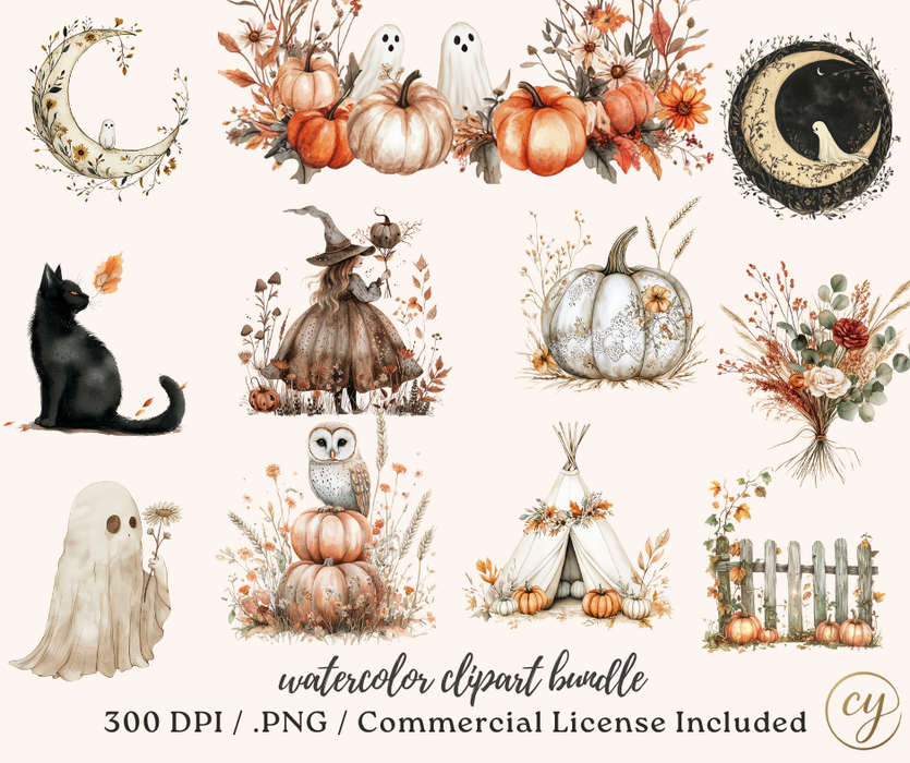 Boho Halloween Watercolor Clipart Bundle – 107 PNGs, 300 DPI, Commercial License