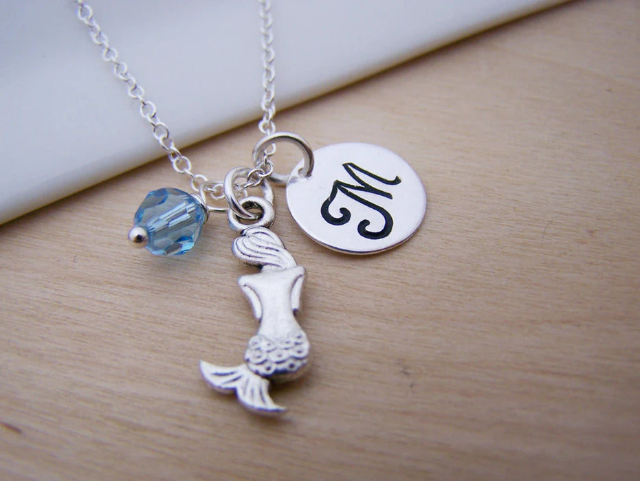 Mermaid Necklace – Sterling Silver with Birthstone & Initial Charm