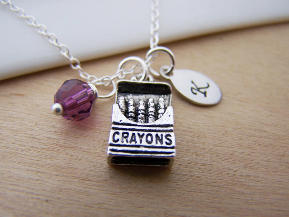 Personalized Crayon Necklace – Sterling Silver Chain with Birthstone & Initial
