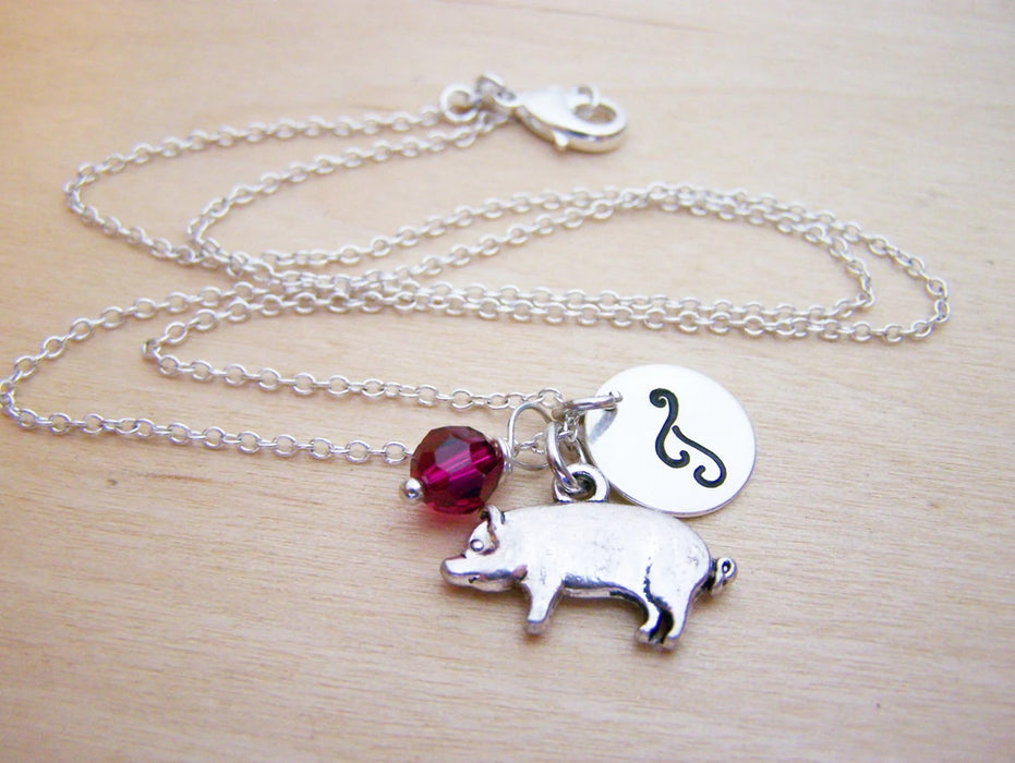 Pig Necklace – Sterling Silver with Birthstone & Initial Charm