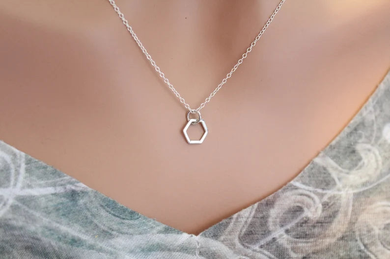 Tiny Hexagon Necklace – Sterling Silver Honeycomb Charm on 18" Chain