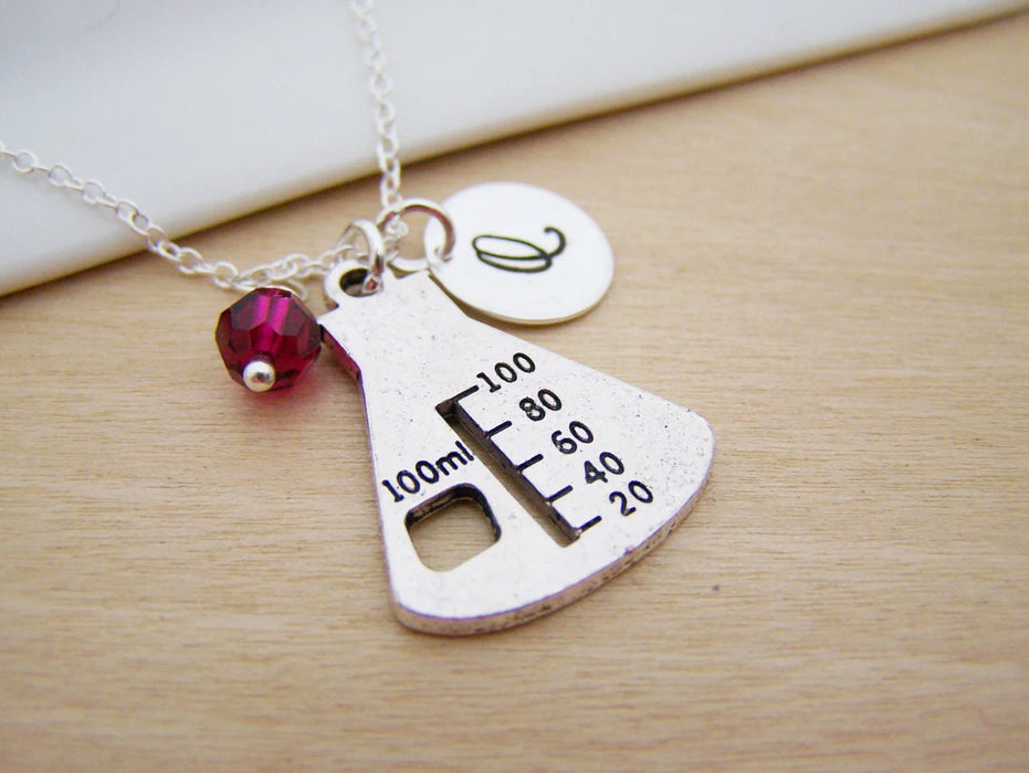 Chemistry Beaker Necklace – Sterling Silver with Birthstone & Initial Charm