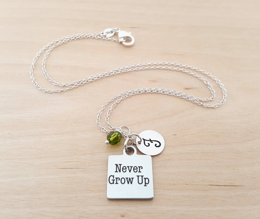 Never Grow Up Necklace – Sterling Silver with Birthstone & Initial Charm
