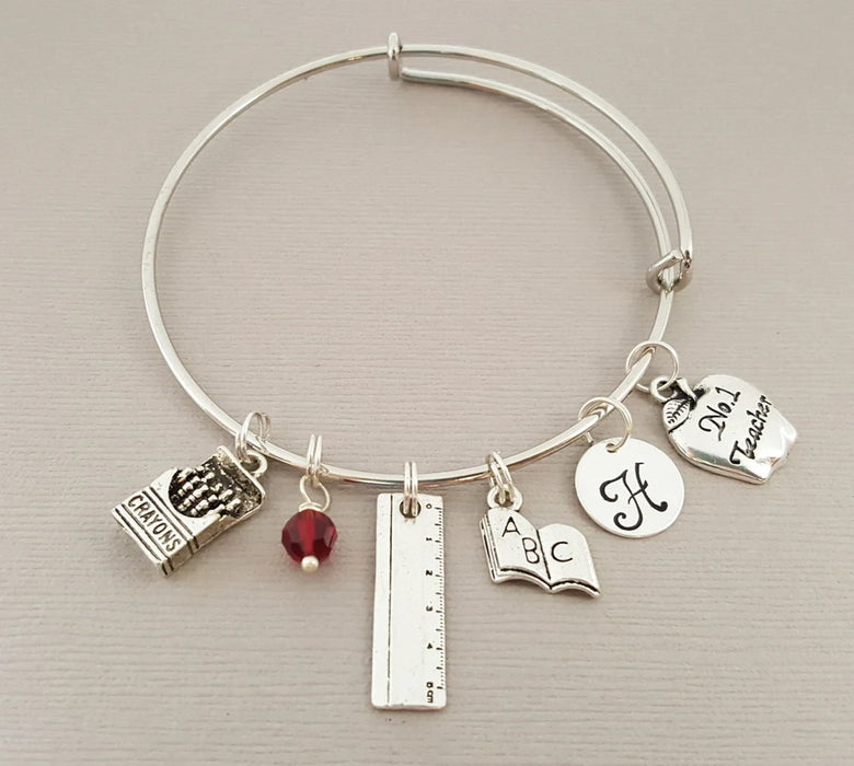 Personalized Teacher Bracelet – Adjustable Bangle with Birthstone & Initial