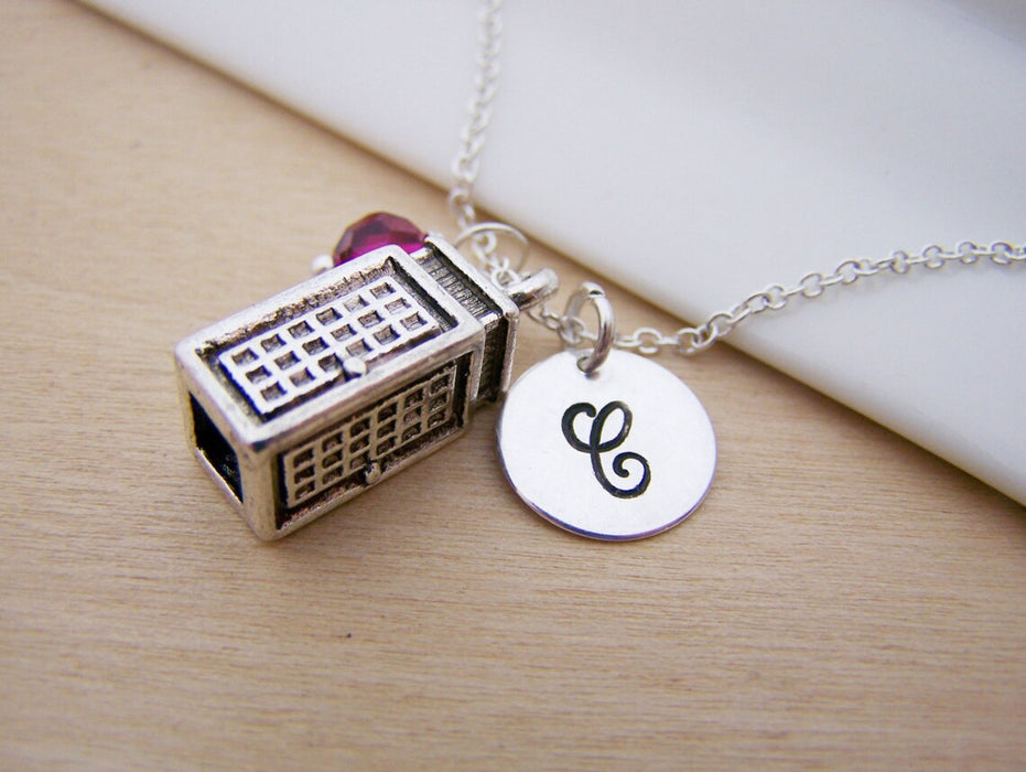 TARDIS Phone Booth Necklace – Sterling Silver with Birthstone & Initial Charm