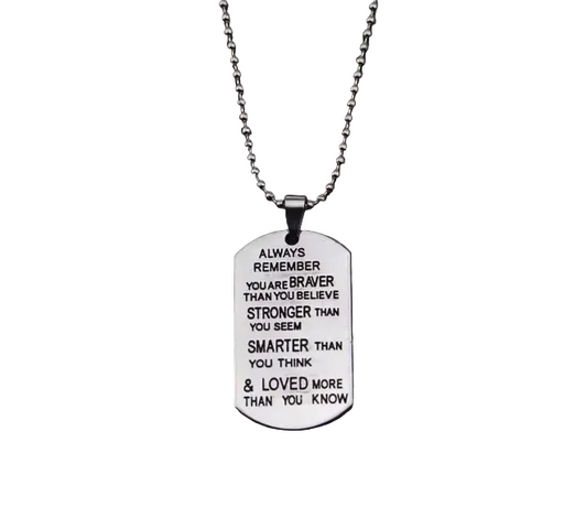 Dog tag necklace with motivational quote on a white background