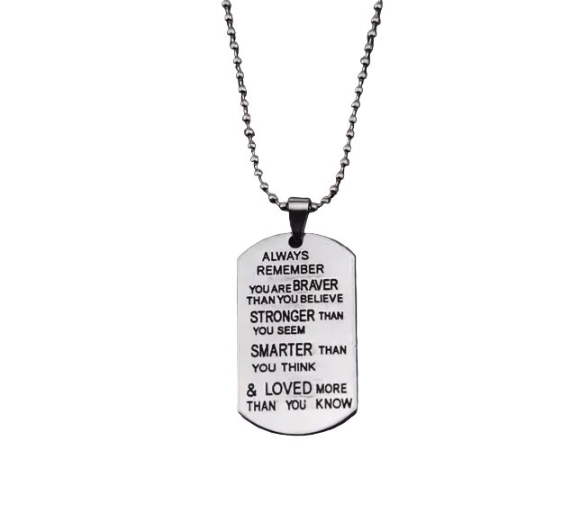 Dog tag necklace with motivational quote on a white background