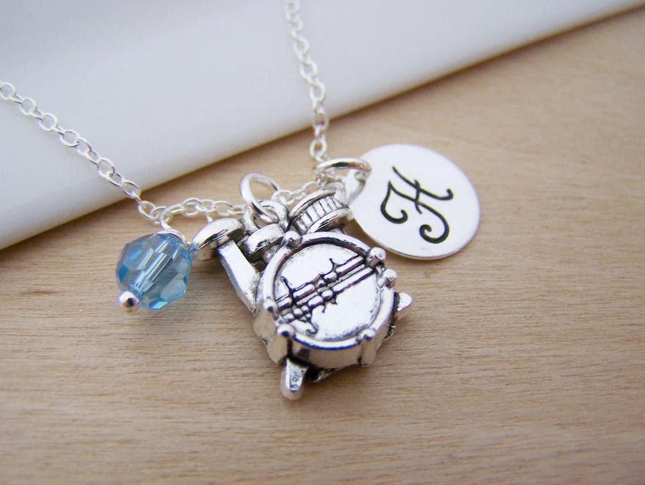 Drums Necklace – Sterling Silver with Birthstone & Initial Charm