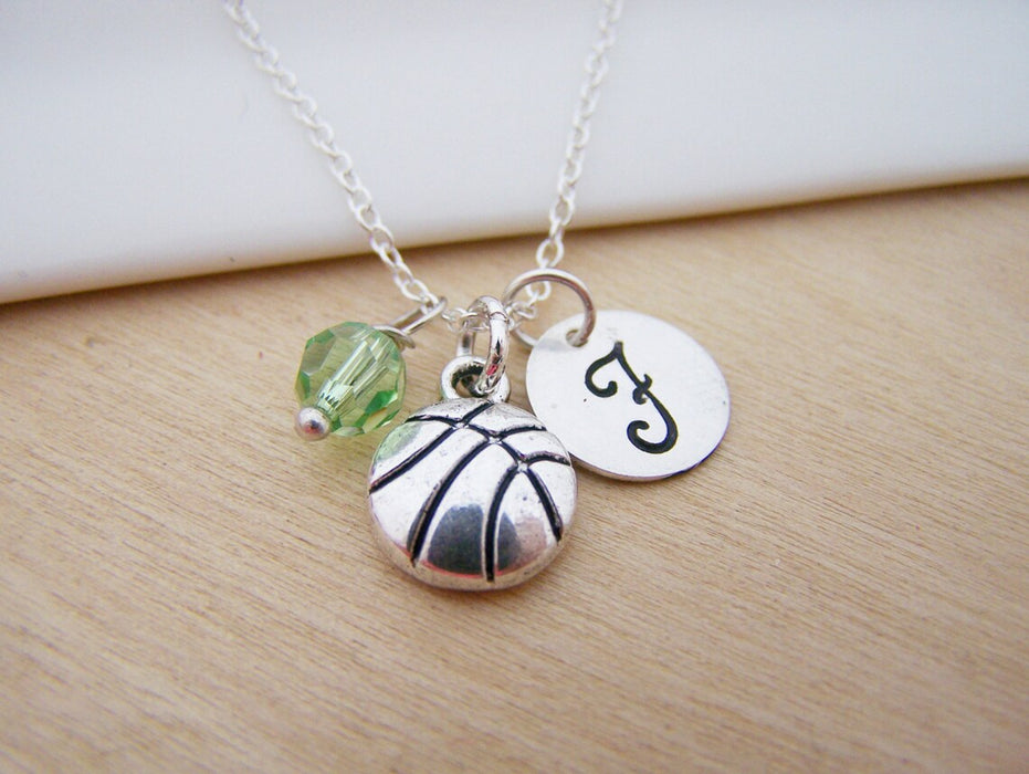 Basketball Necklace – Sterling Silver with Birthstone & Initial Charm