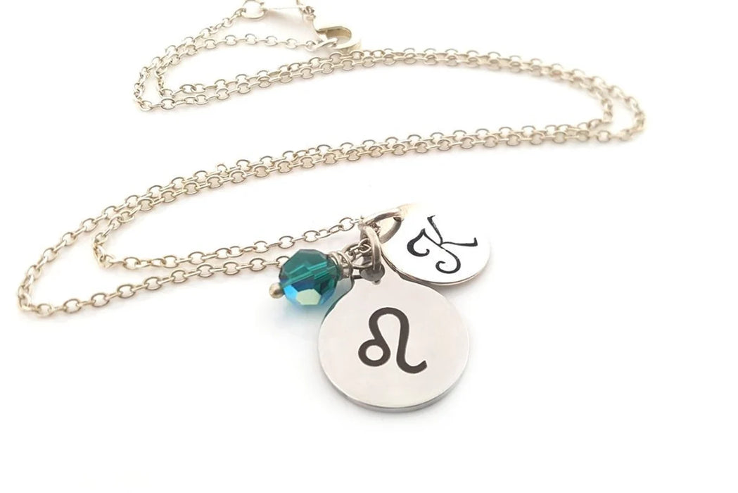 Personalized Leo Zodiac Necklace – Sterling Silver Chain with Birthstone & Initial
