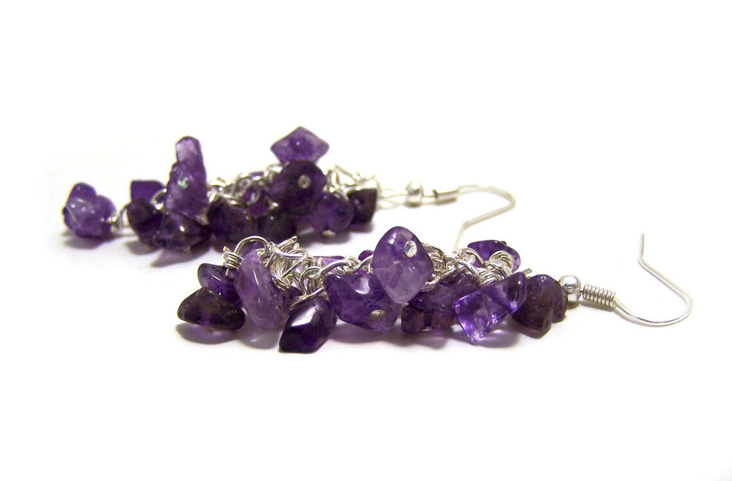 Enchanting Amethyst Gemstone Wire Wrapped Cluster Sterling Silver Earrings