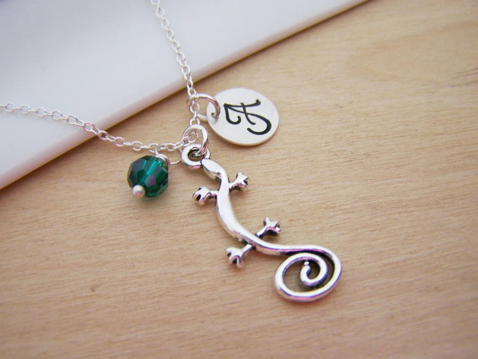 Personalized Gecko Necklace – Sterling Silver Chain with Birthstone & Initial