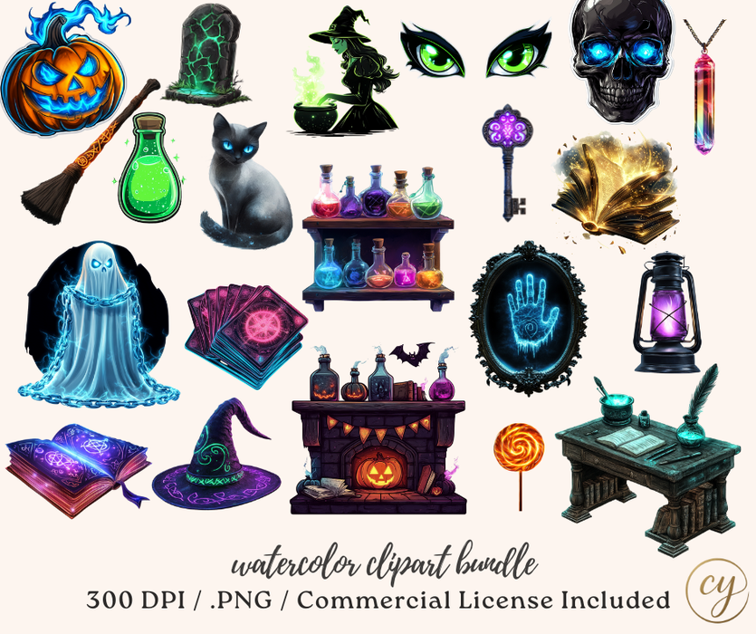 Spooky Glow Watercolor Clipart Bundle – 134 PNGs, 300 DPI, Commercial License