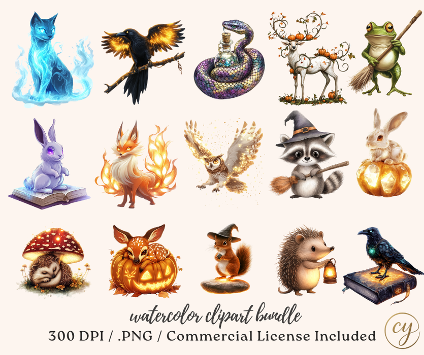 Enchanted Animals Watercolor Clipart Bundle – 107 PNGs, 300 DPI, Commercial License