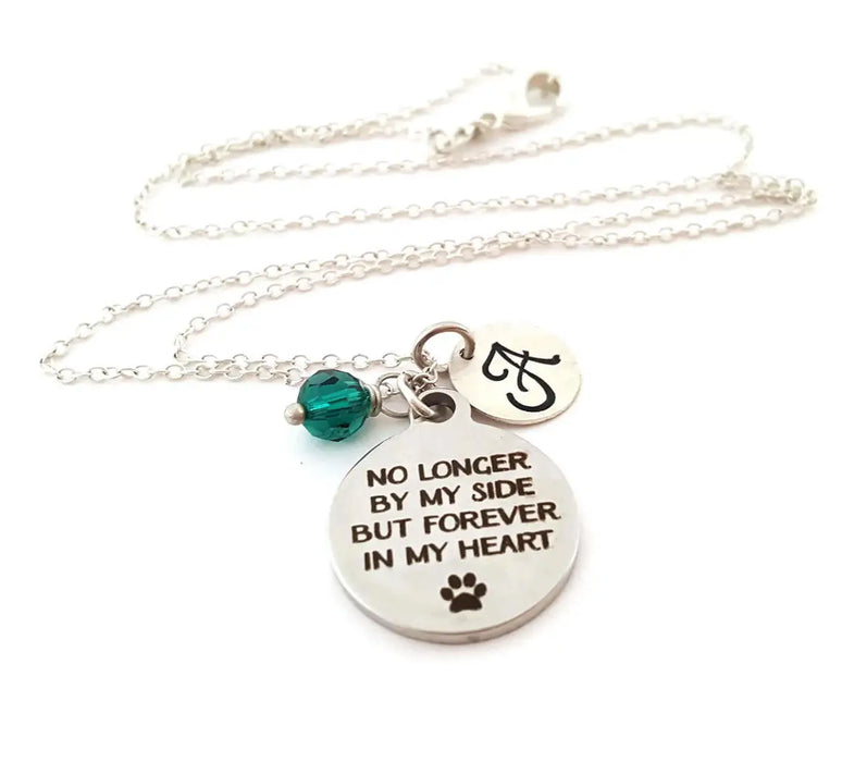 Pet Memorial Necklace – “No Longer by My Side, But Forever in My Heart” – Sterling Silver with Birthstone & Initial