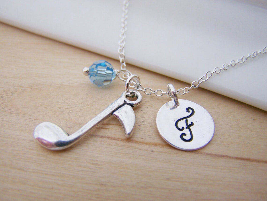 Personalized Music Note Necklace – Sterling Silver with Birthstone & Initial Charm